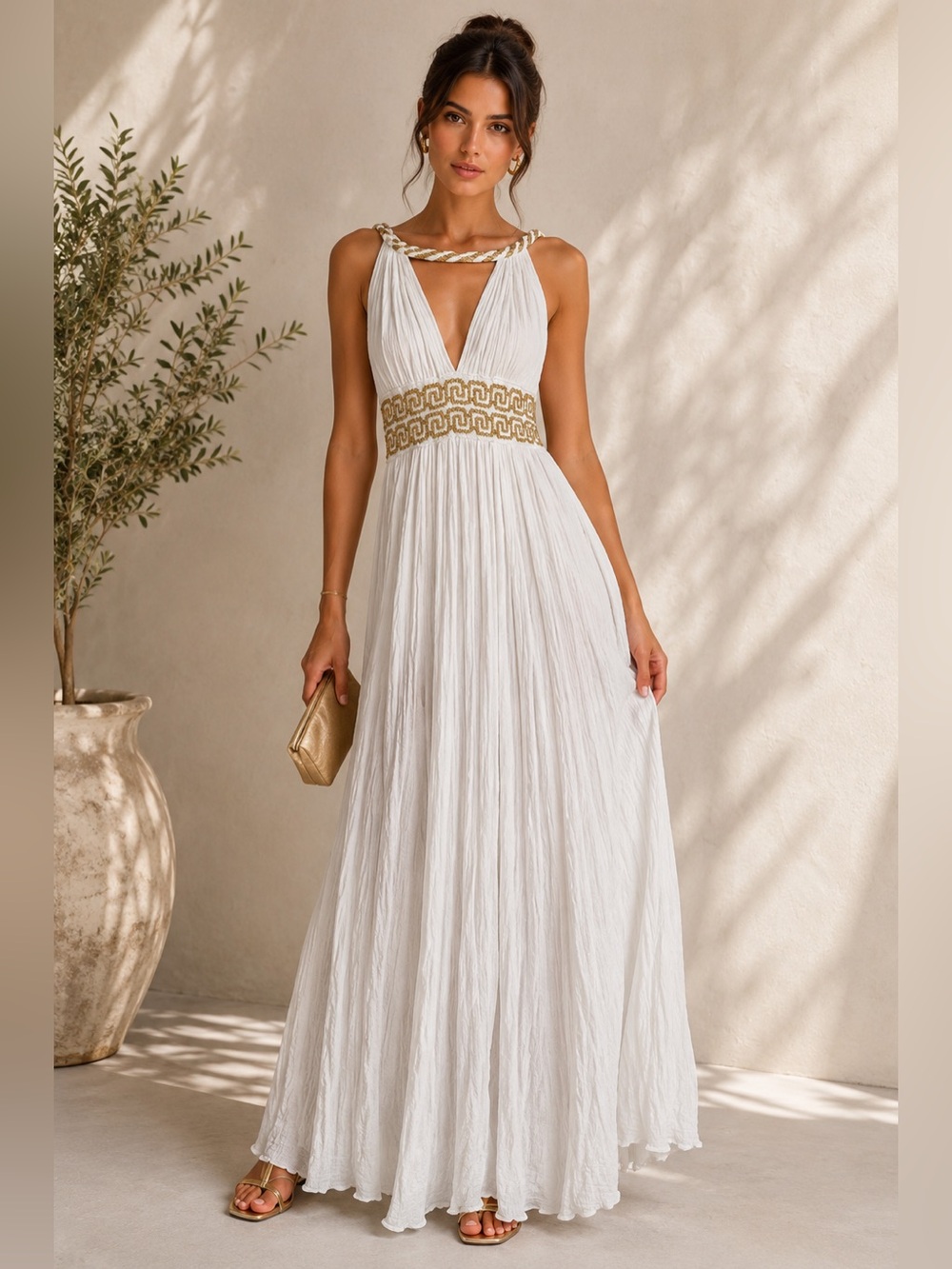 Made in Greece Cotton White Maxi Dress with Gold Embellished